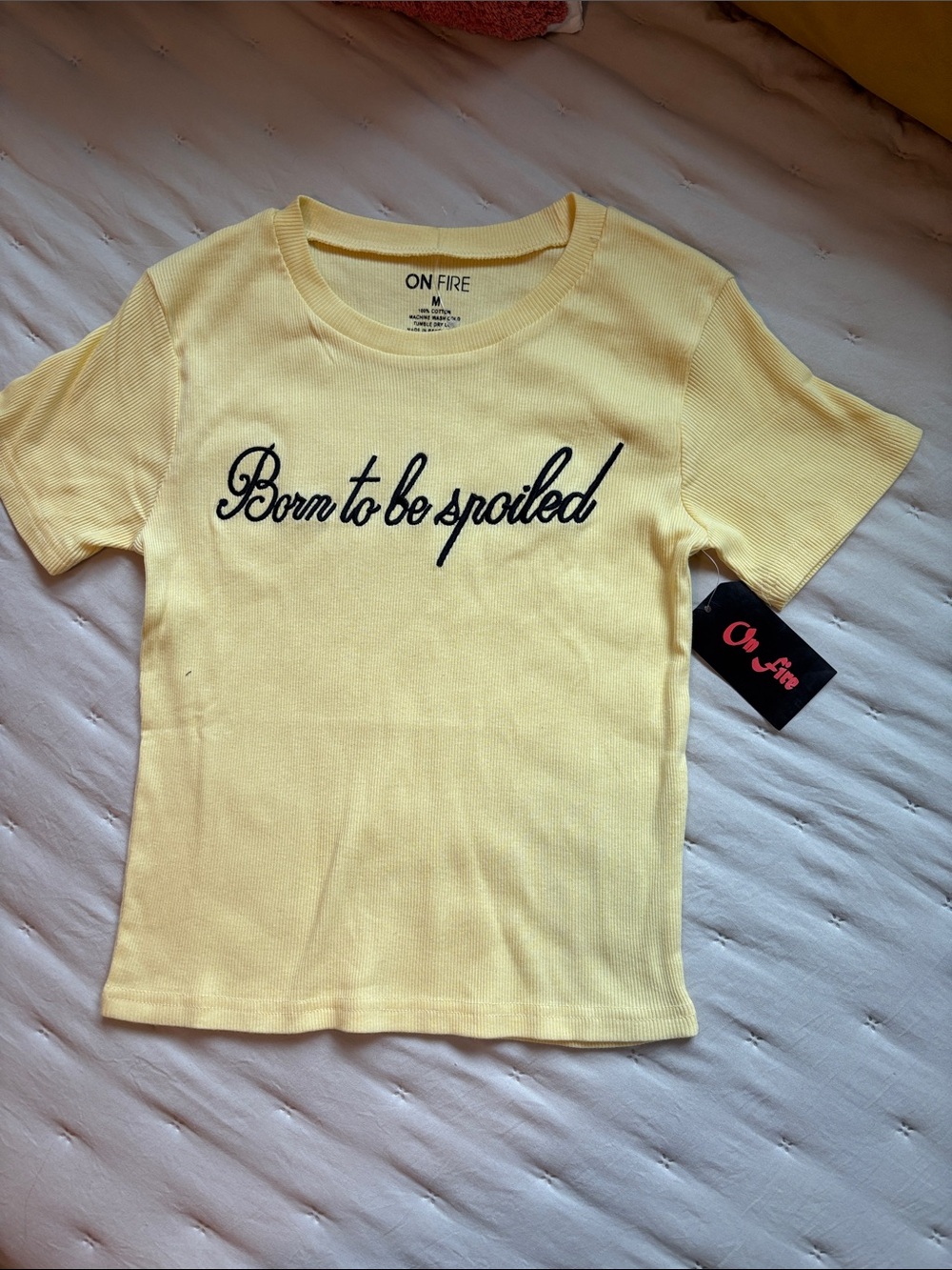On Fire Yellow Kids Tee with "Born to be spoiled" Script